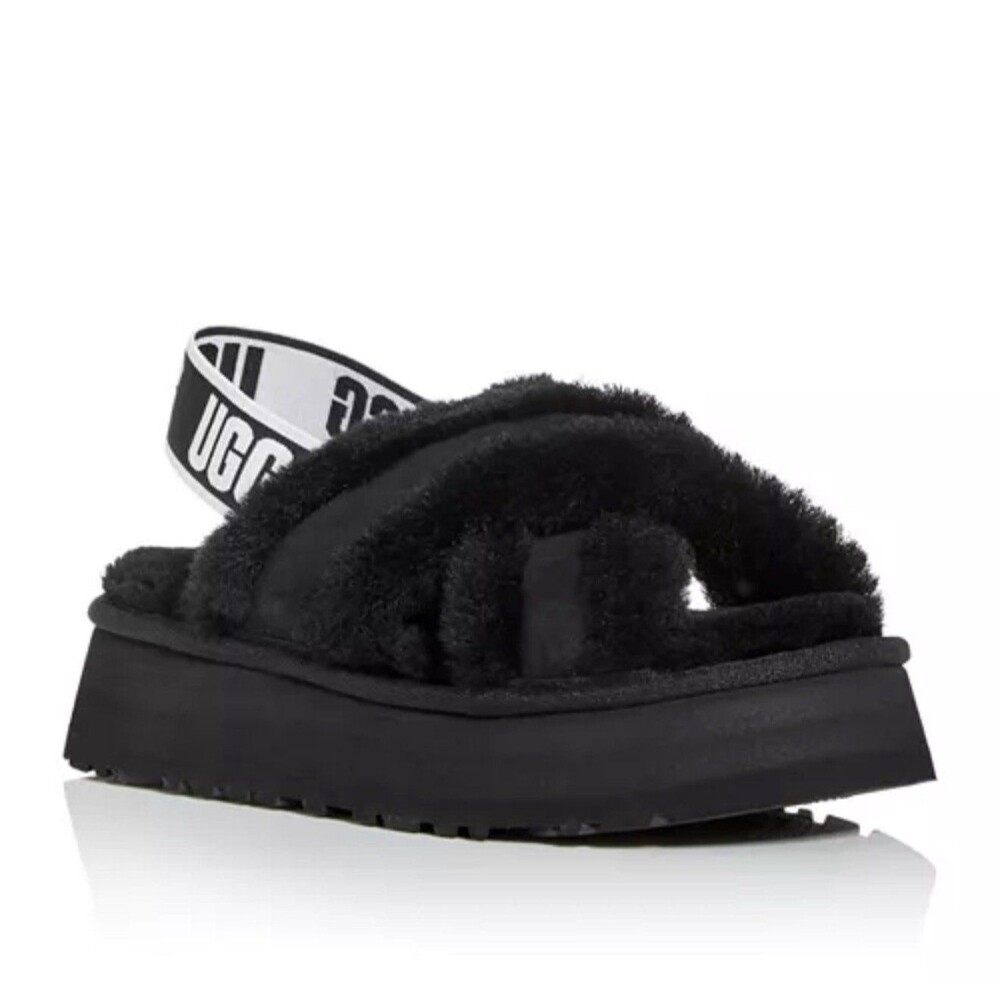 Ugg Women's Disco Shearling Criss Cross Platform Sandals in Black Size 9